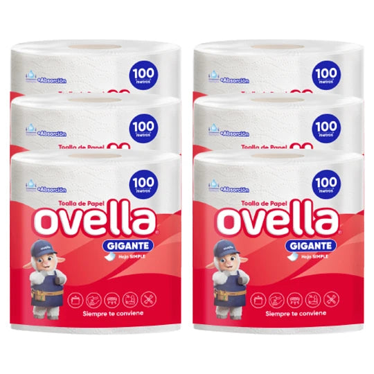 Toalla Ovella  6 paquetes de 1 rollo de 100mts - Hoja Simple