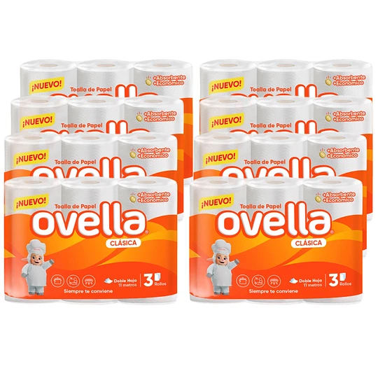Toalla Ovella - 8 paquetes de 3 rolos de 11 mts - Doble Hoja