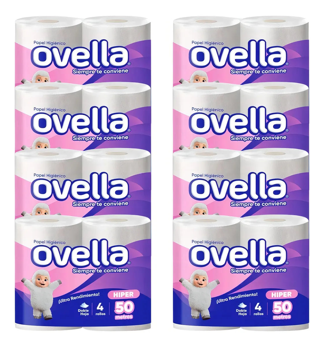 Papel Higiénico Ovella  8 paquetes de 4 rollos de 50 mts - doble hoja