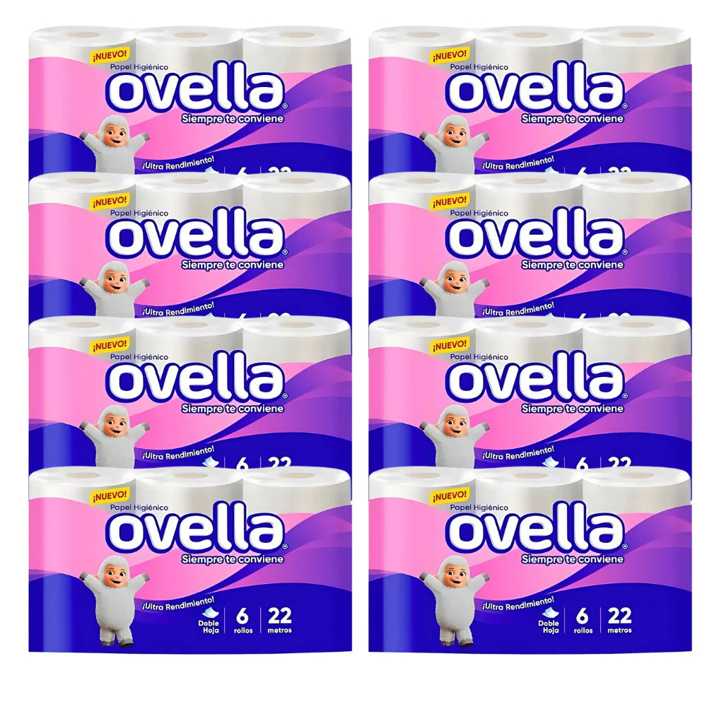 Papel Higiénico Ovella - 8 paquetes de 6 rollos de 22 mts - Doble Hoja