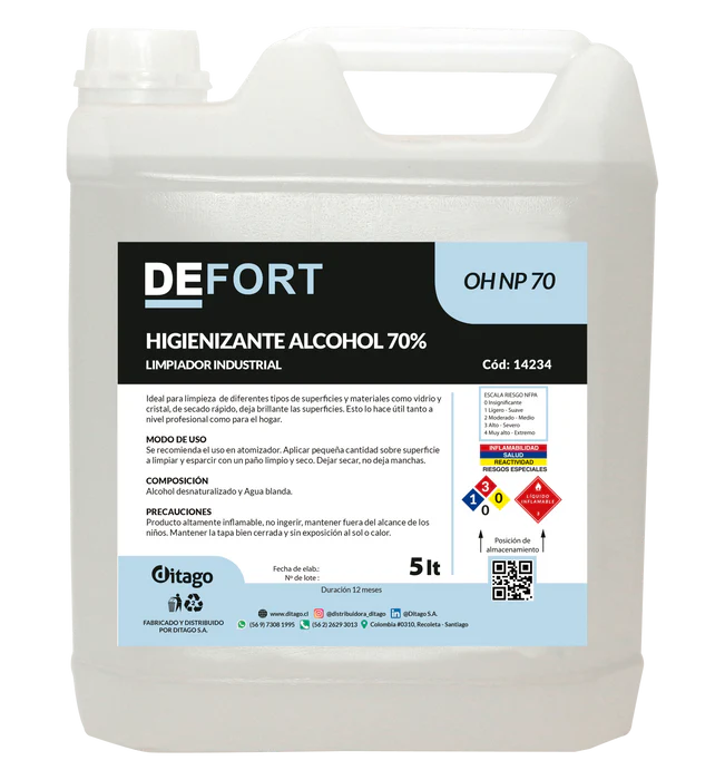 Higienizante Alcohol al 70% DEFORT para Superficies - 5 Litros
